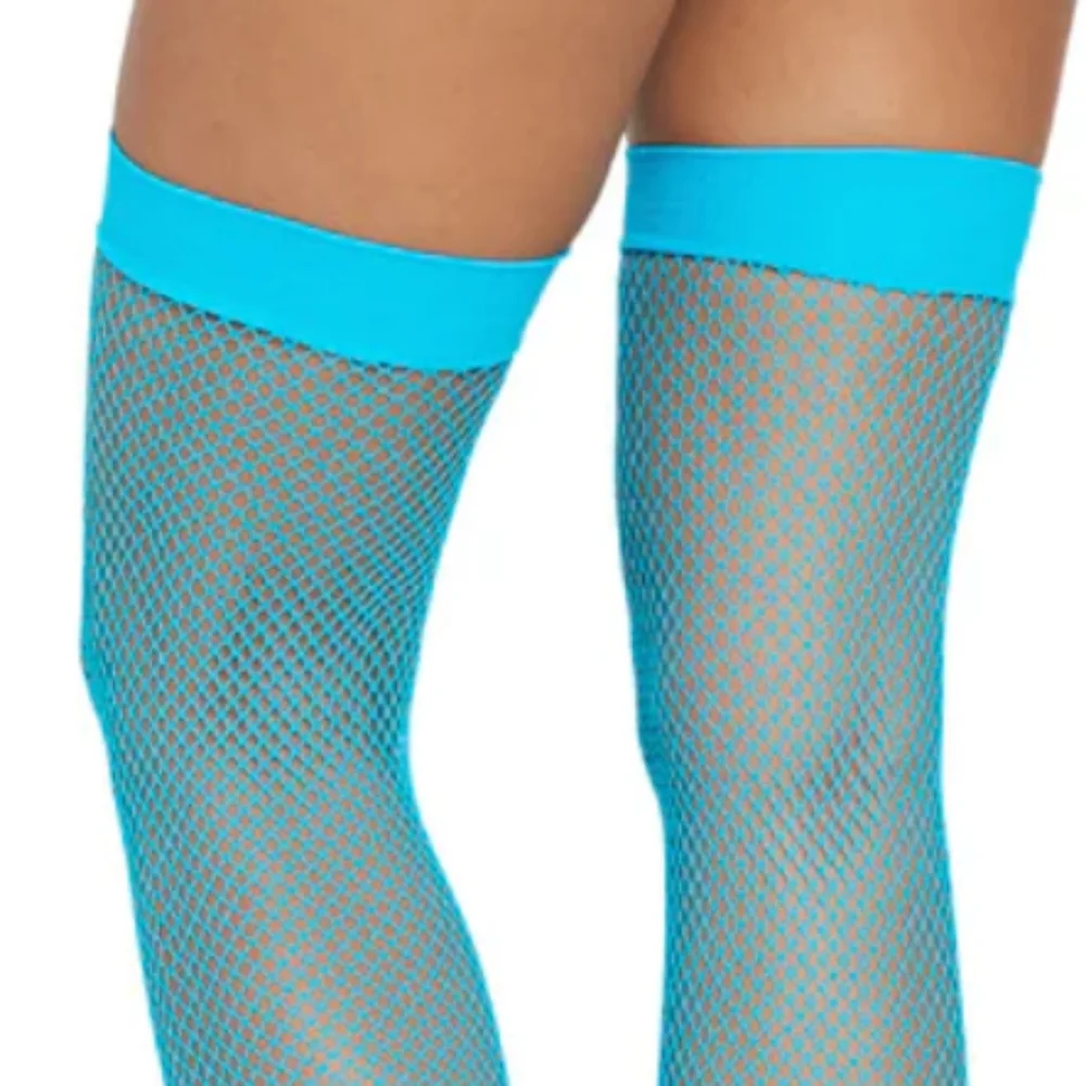 Turquoise Fishnet Thigh High Stockings With Thick Top Band (OS)